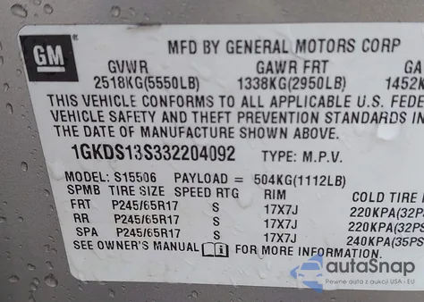 2003 GMC Envoy Sle z USA, uszkodzony, nr VIN 1GKDS13S332204092